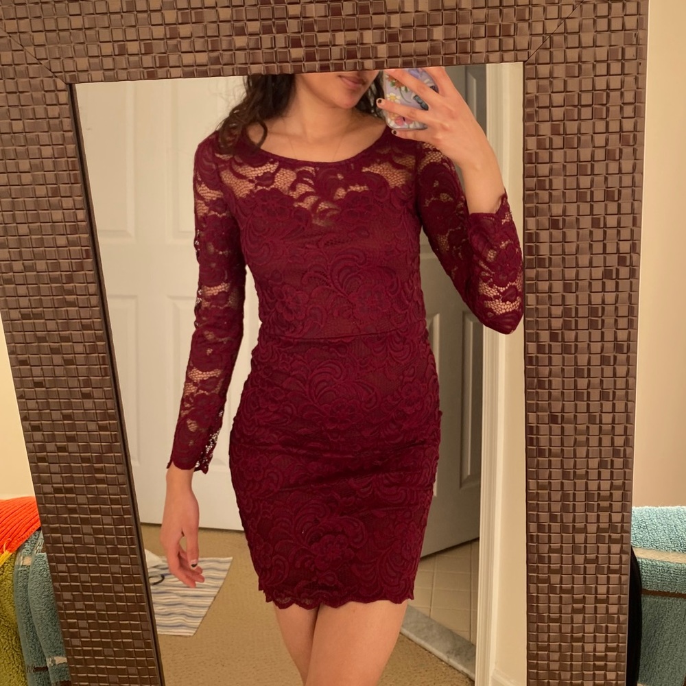 SEXY BURGUNDY Long sleeve Midi Cocktail Dress
